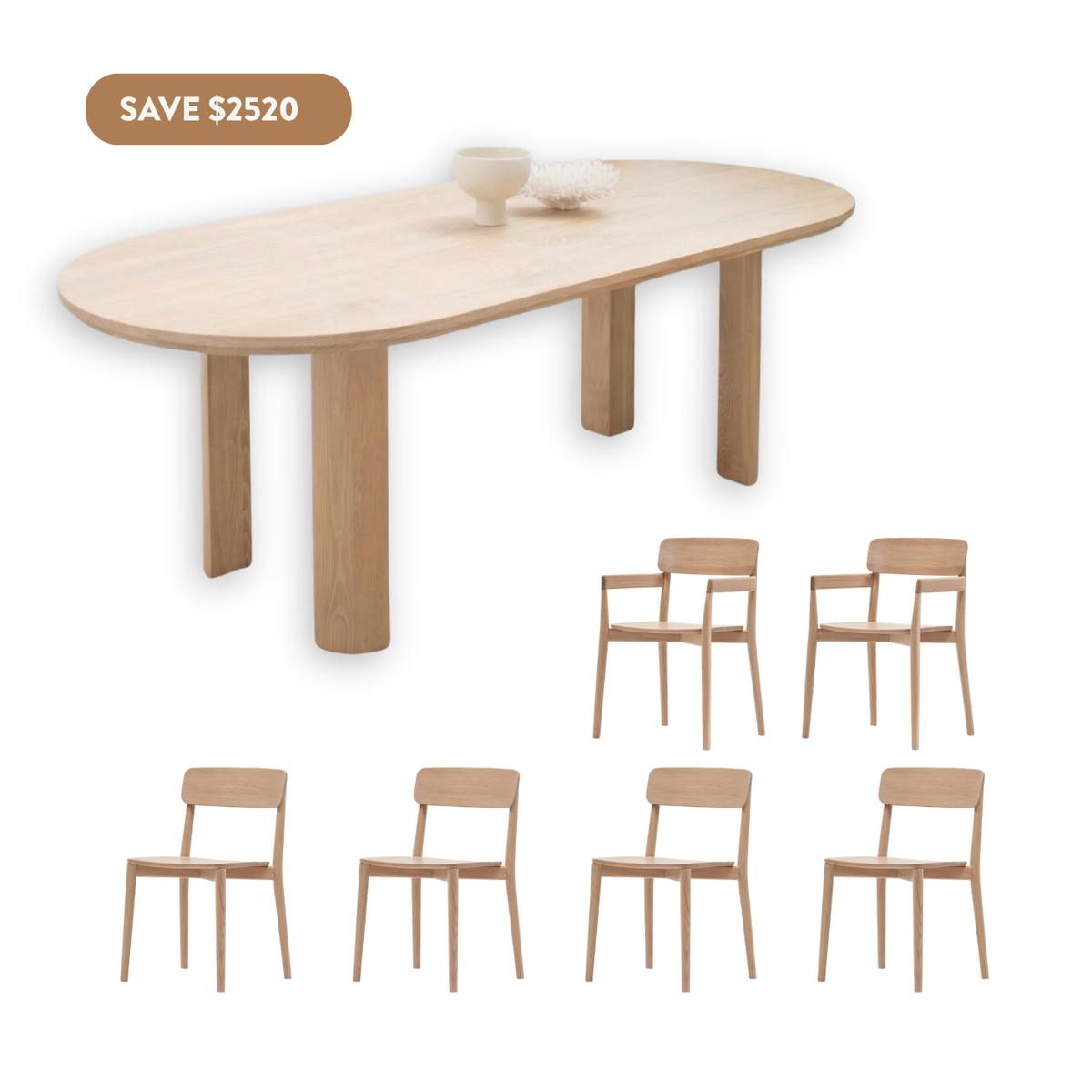 Coral Oval Dining Set (6 Seater - Natural w/ Arms) - 2400mm